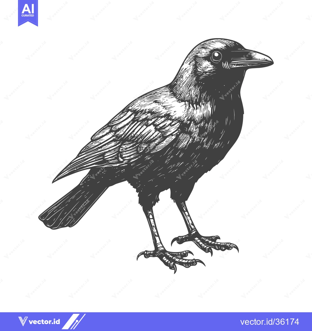 Premium Vector dari A detailed monochrome engraving of a standing raven bird