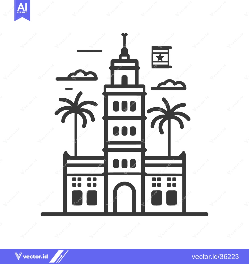 Premium Vector dari Vector illustration depicting a tall building flanked by palm trees an