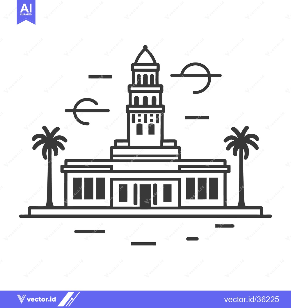 Premium Vector dari A linear illustration depicting a tall building with palm trees