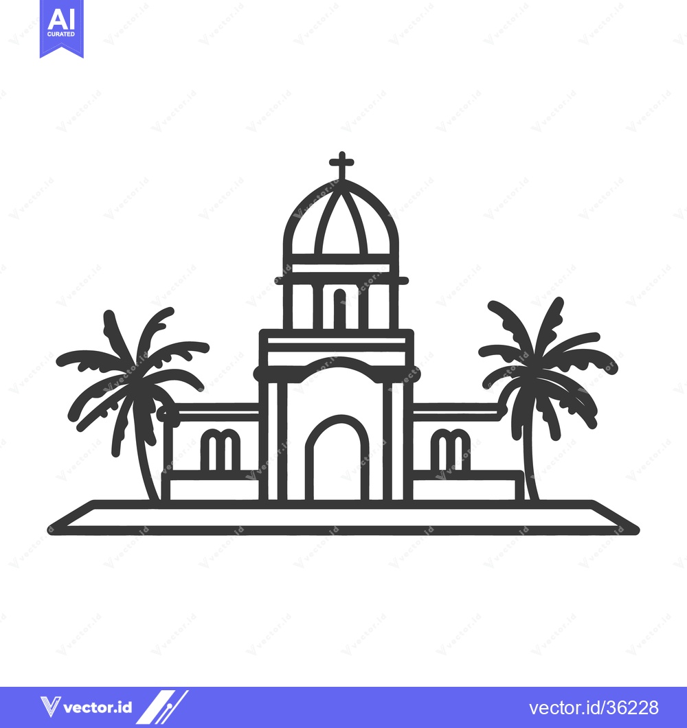 Premium Vector of Simple line drawing depicting a church building with palm trees