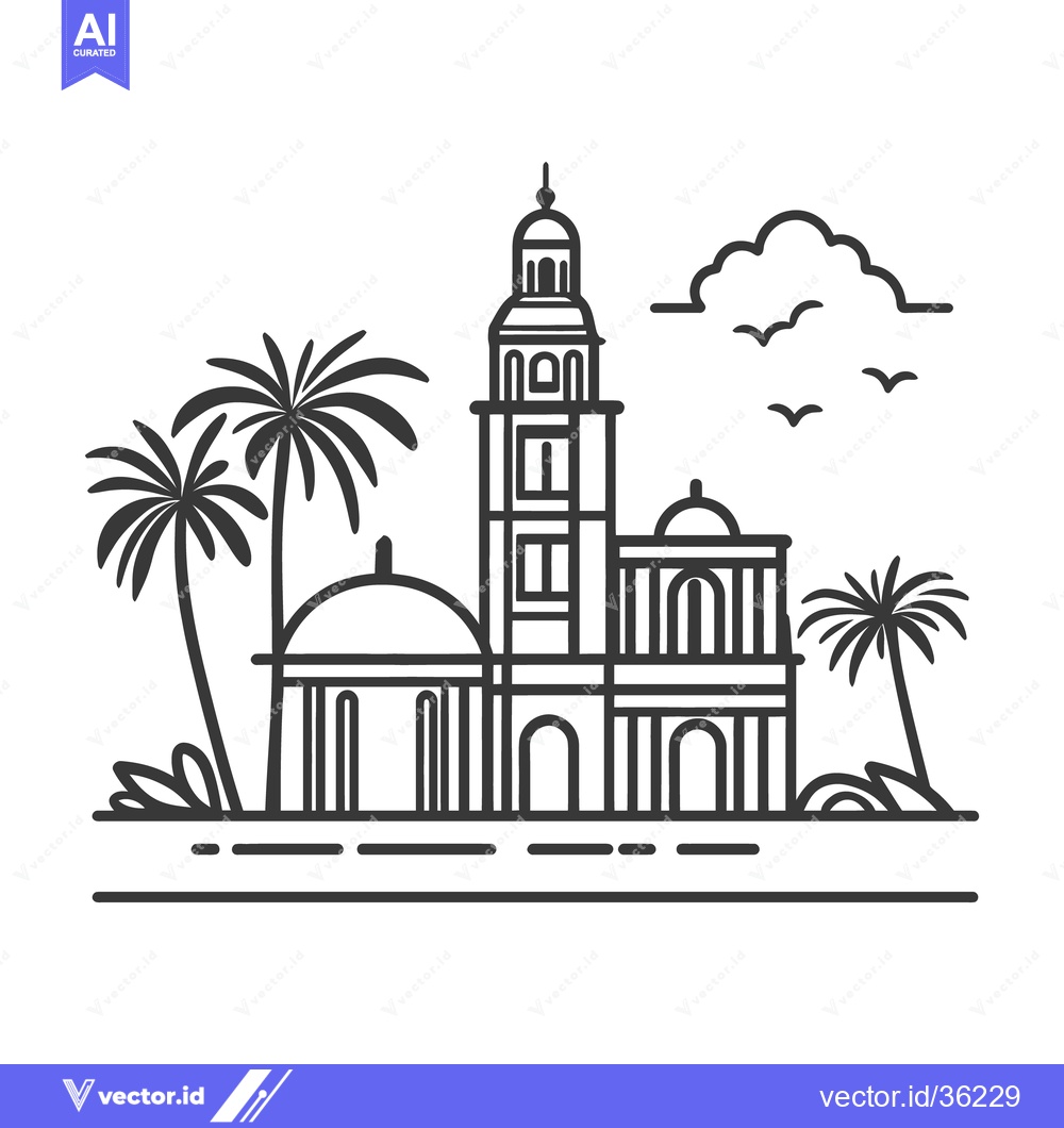 Premium Vector dari The iconic stylized illustration of building with palm trees