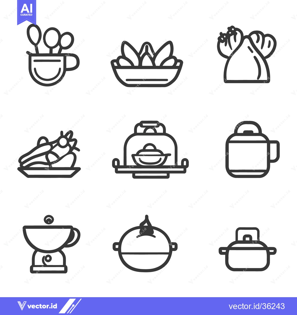 Premium Vector dari Nine minimalist illustrations of various kitchen utensils and food