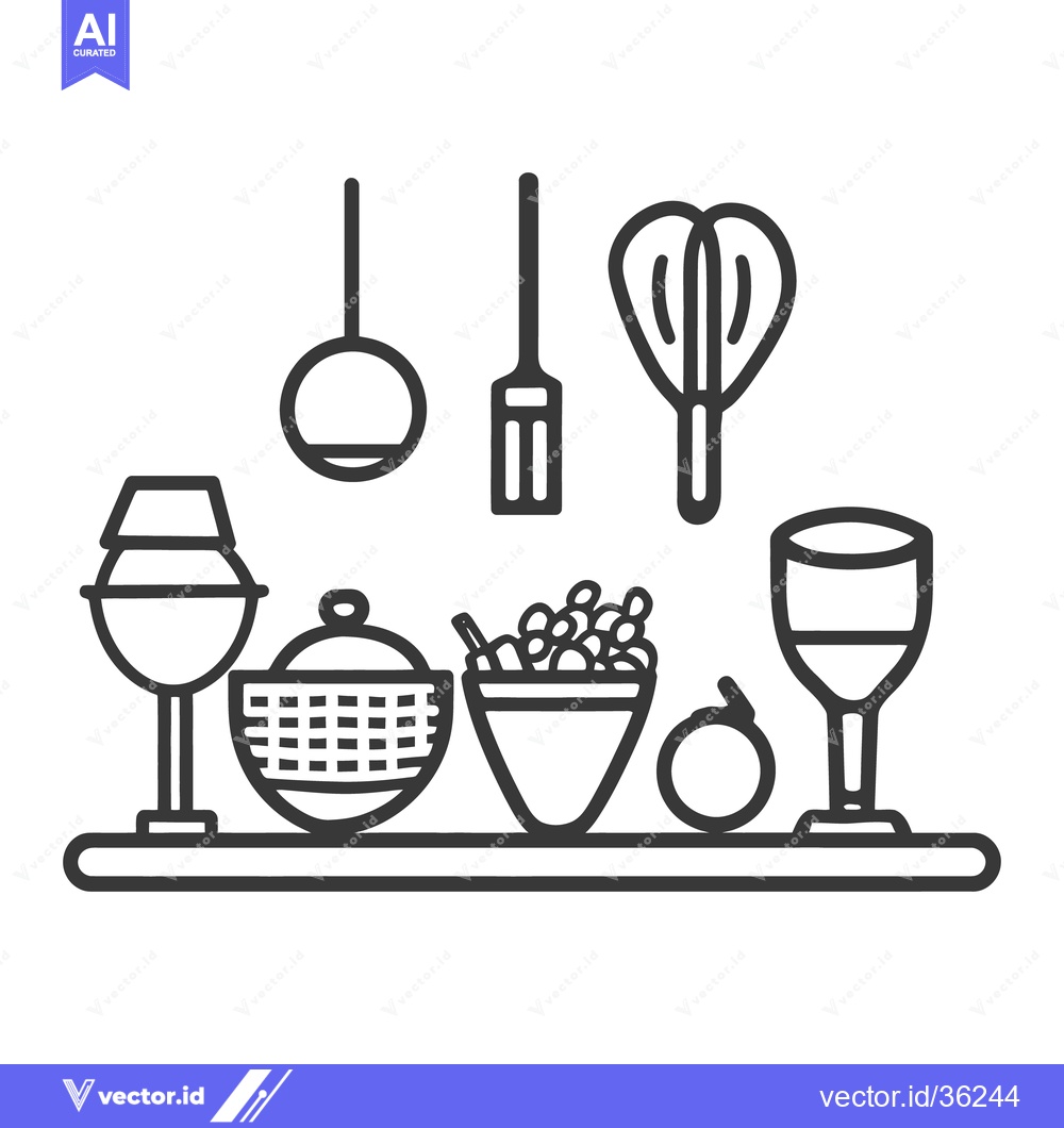 Premium Vector of Kitchen Utensils And Food Items Arranged On A Wooden Shelf