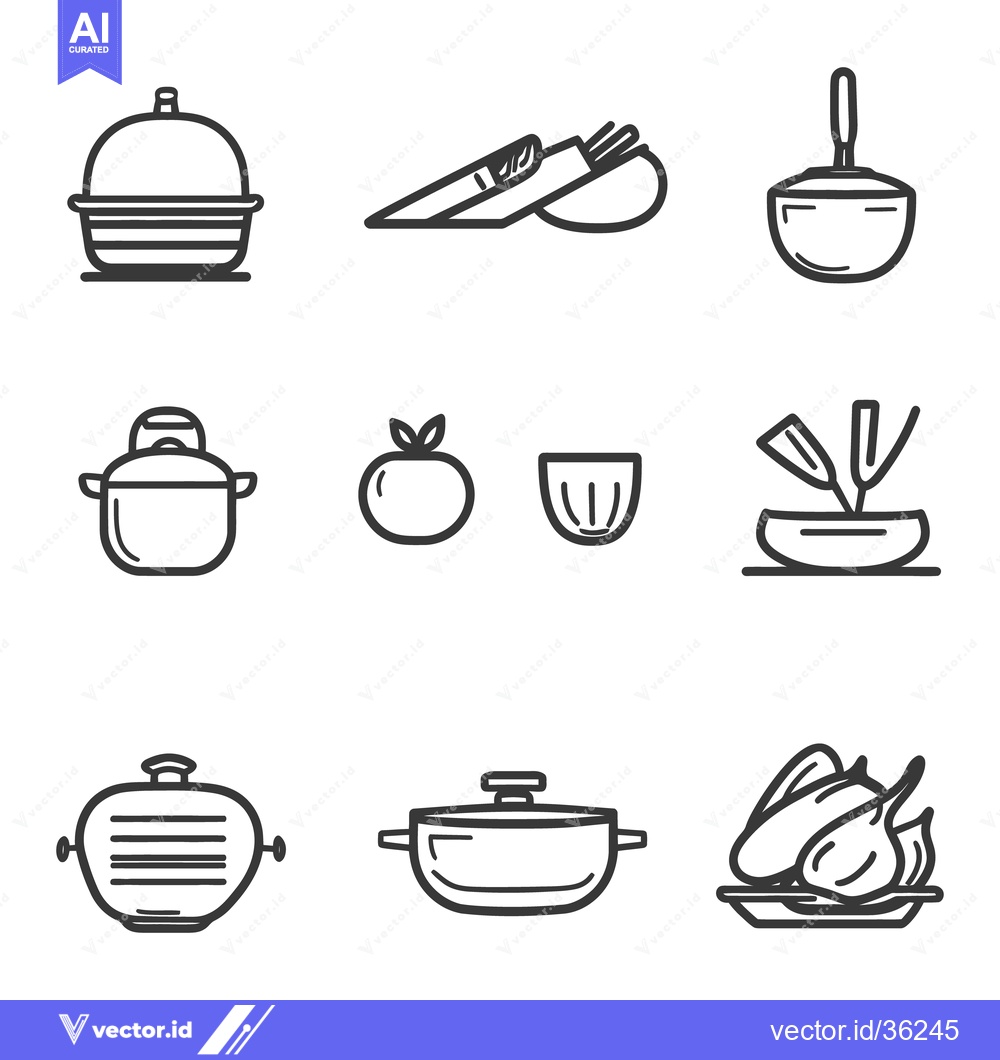 Premium Vector dari Monochrome illustrations of cooking utensils and food items are displa