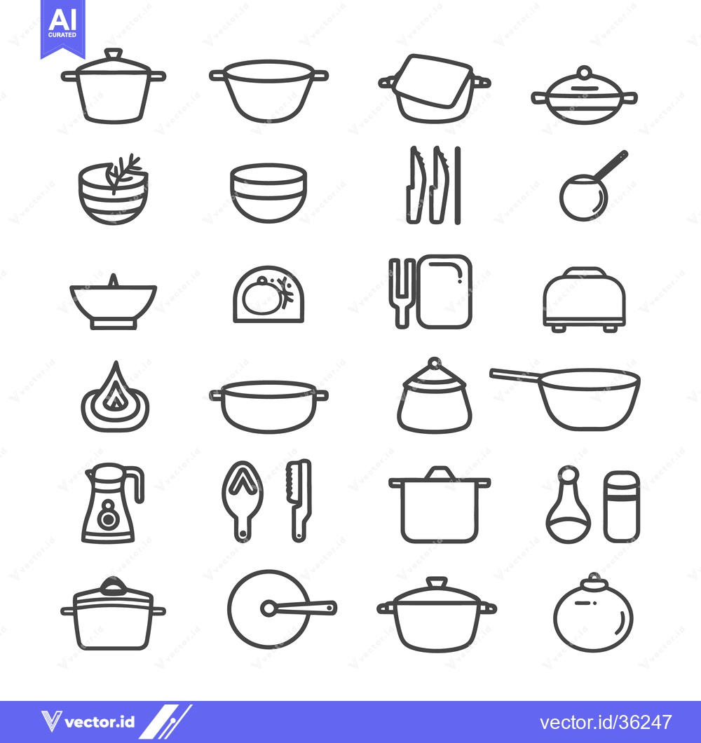 Premium Vector dari Collection of outlined cooking utensils and tableware on a white backg