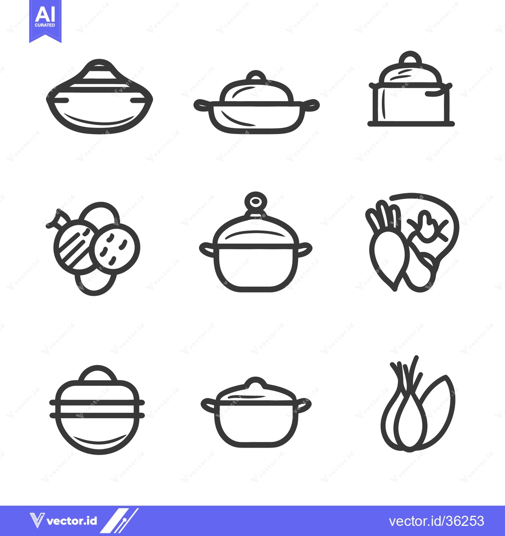 Premium Vector of Simple line icons depicting cooking pots and vegetables for recipes
