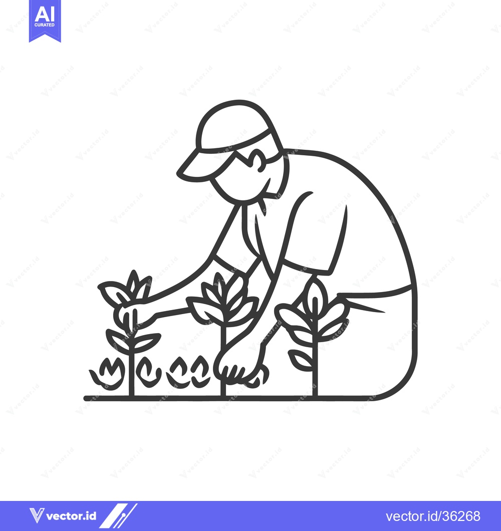 Premium Vector dari An illustrated farmer tending to young plants in a field