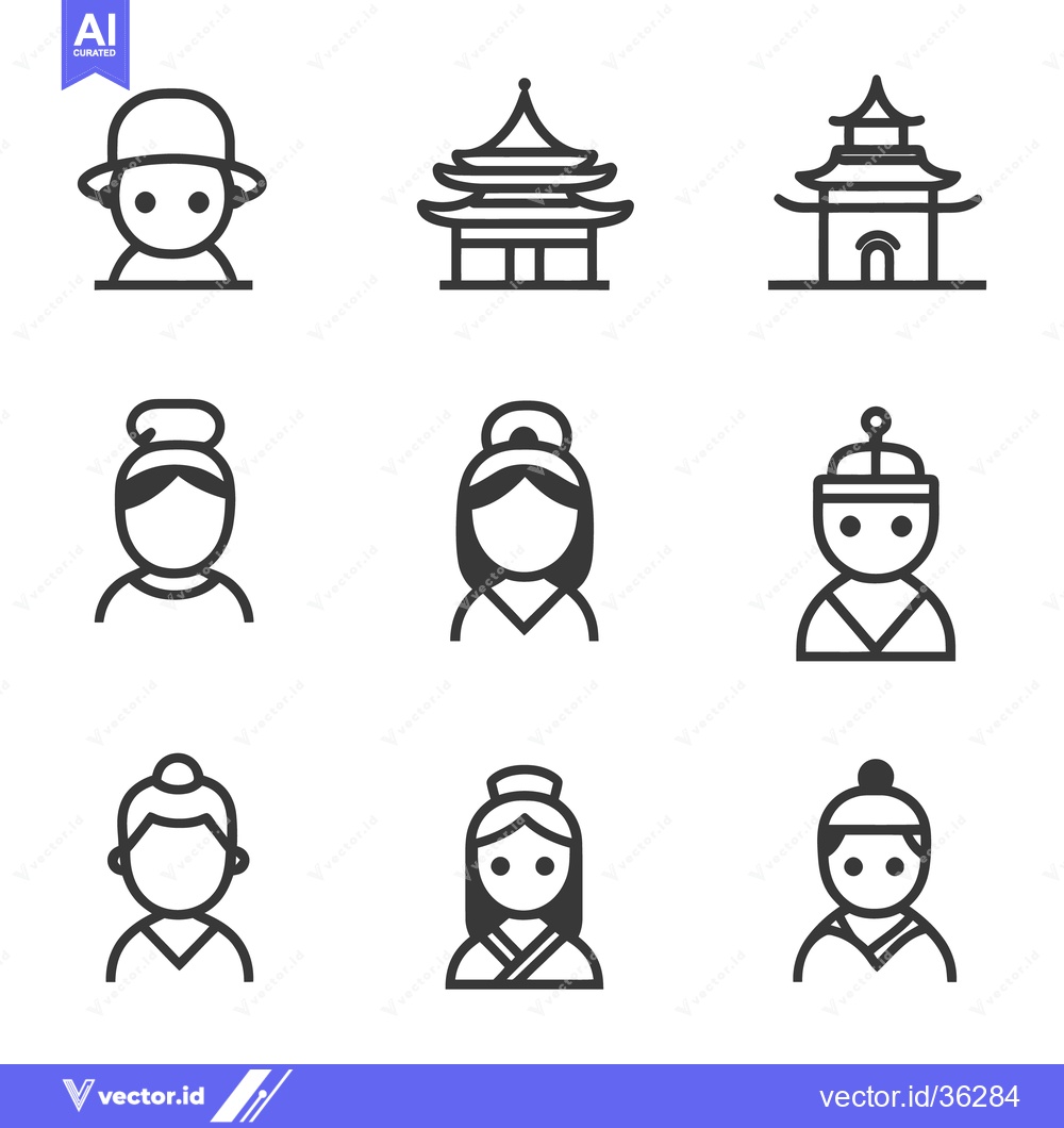 Premium Vector dari Simple icons depicting asian people and traditional buildings