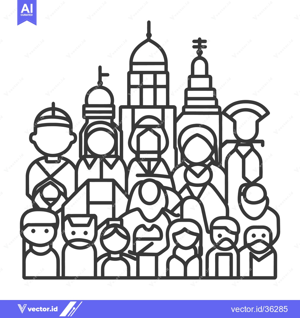 Premium Vector dari A group of people and religious buildings sketched in black lines