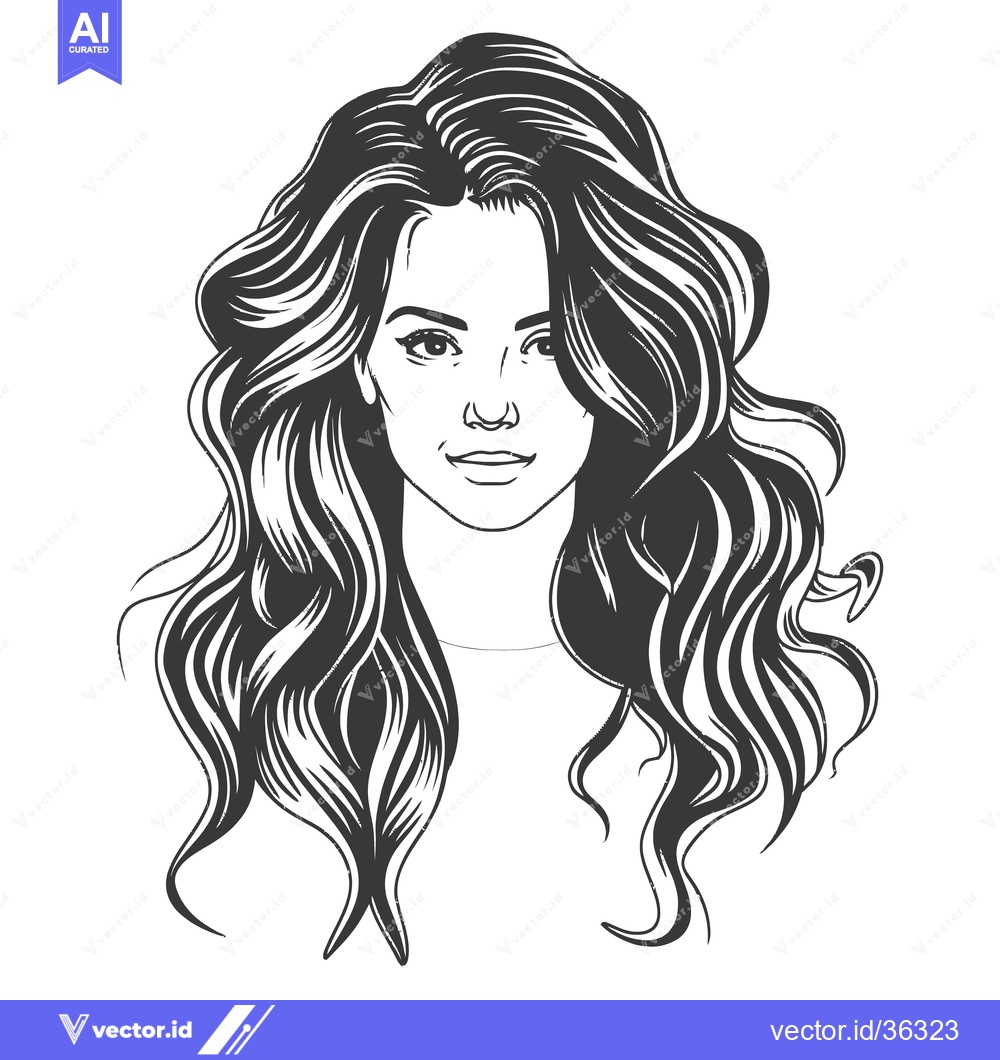 Premium Vector of Beautiful woman smiling with long wavy hair in grayscale illustration