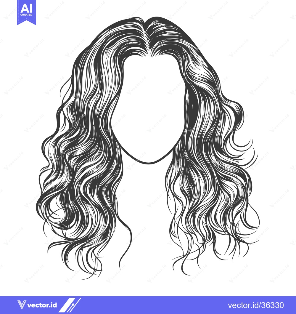 Premium Vector of A black and white illustration depicting wavy long hair style