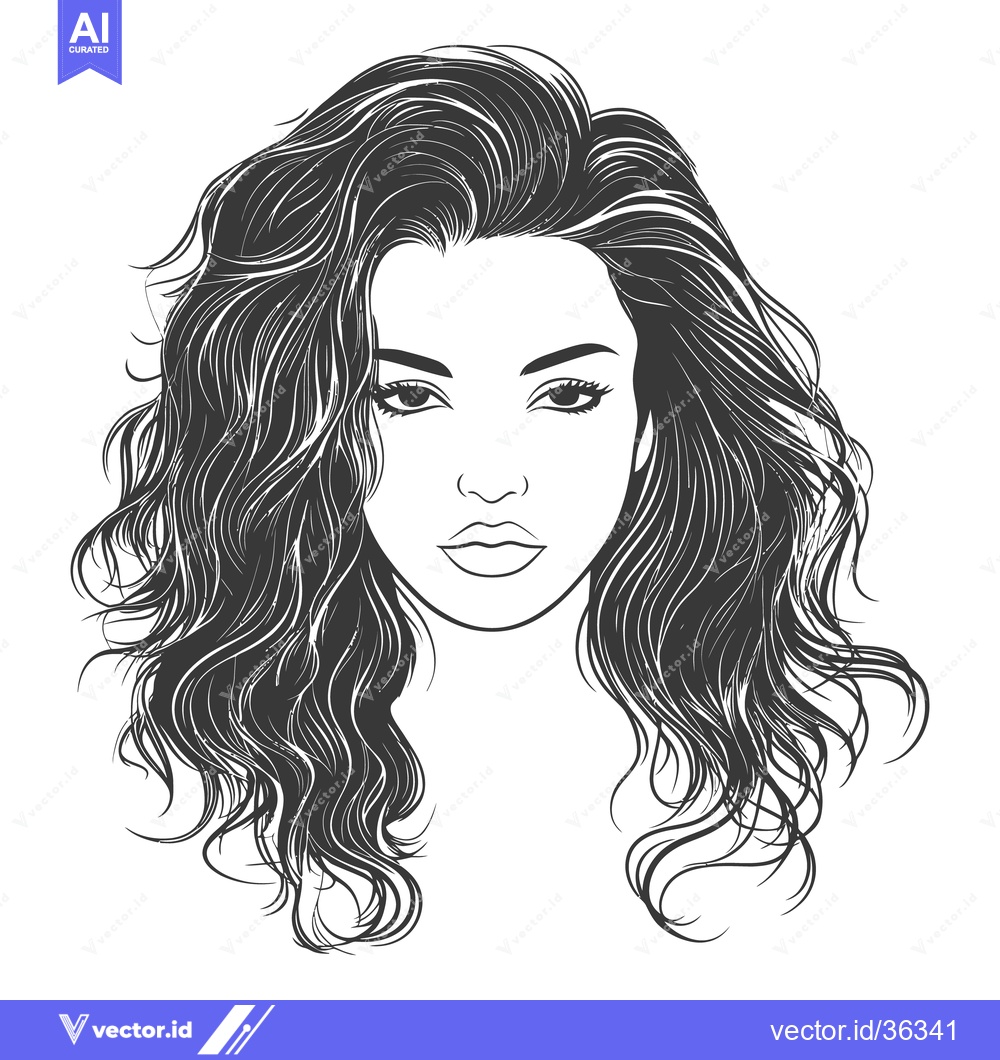 Premium Vector dari A grayscale drawing depicting a woman with long wavy hair