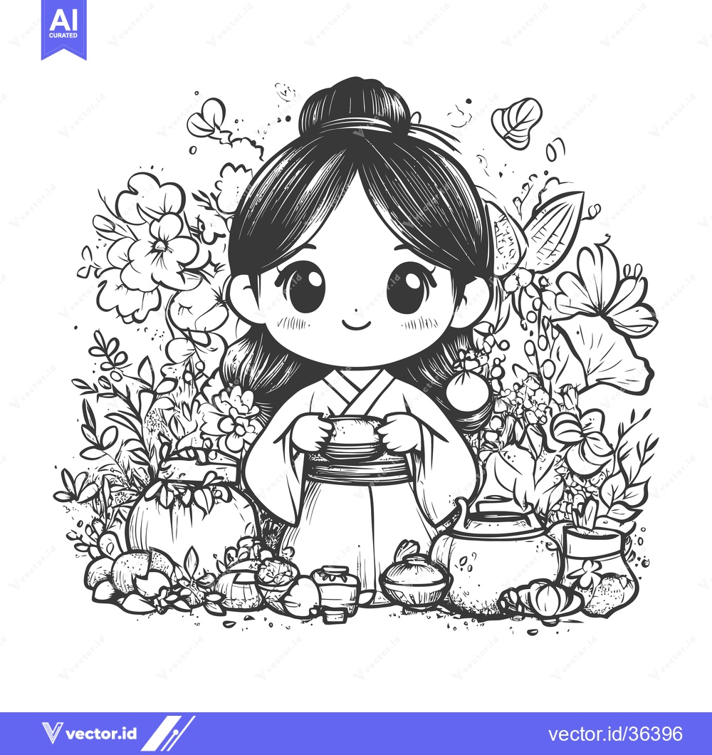 Premium Vector dari Cute Anime Girl in Kimono with Teapot and Flowers