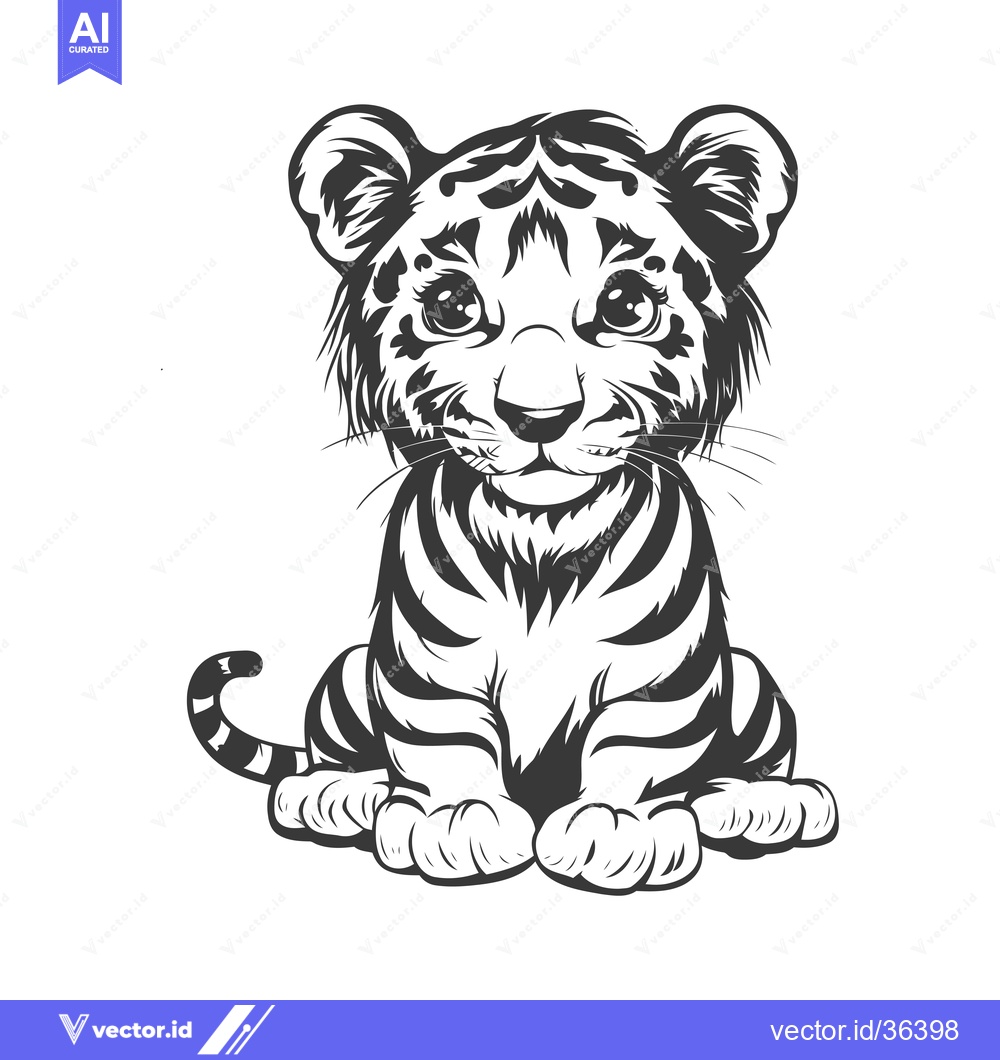 Premium Vector of Cute Black and White Cartoon Sitting Tiger Cub with Big Eyes
