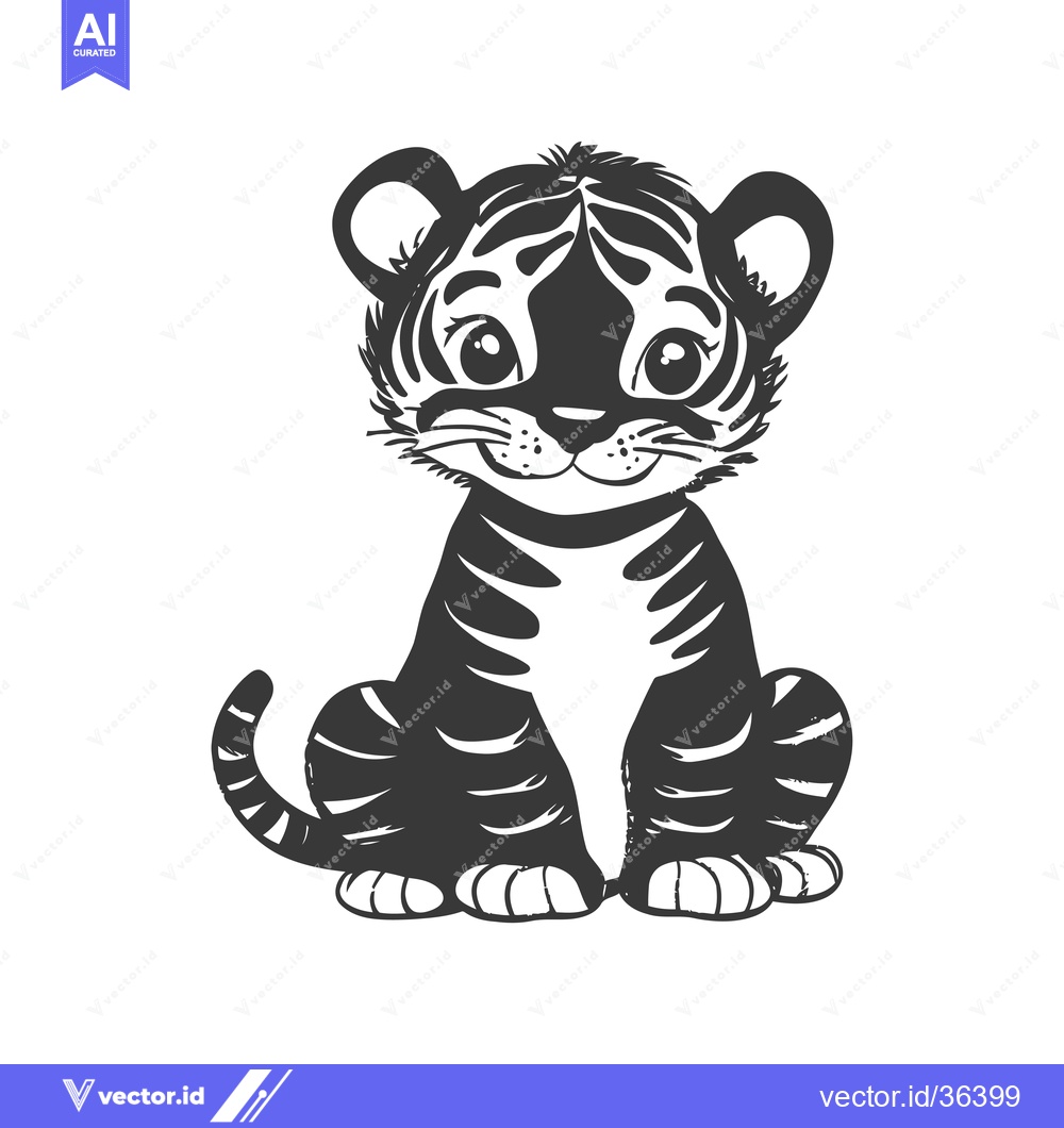 Premium Vector dari Cute Black and White Cartoon Tiger Cub Sitting