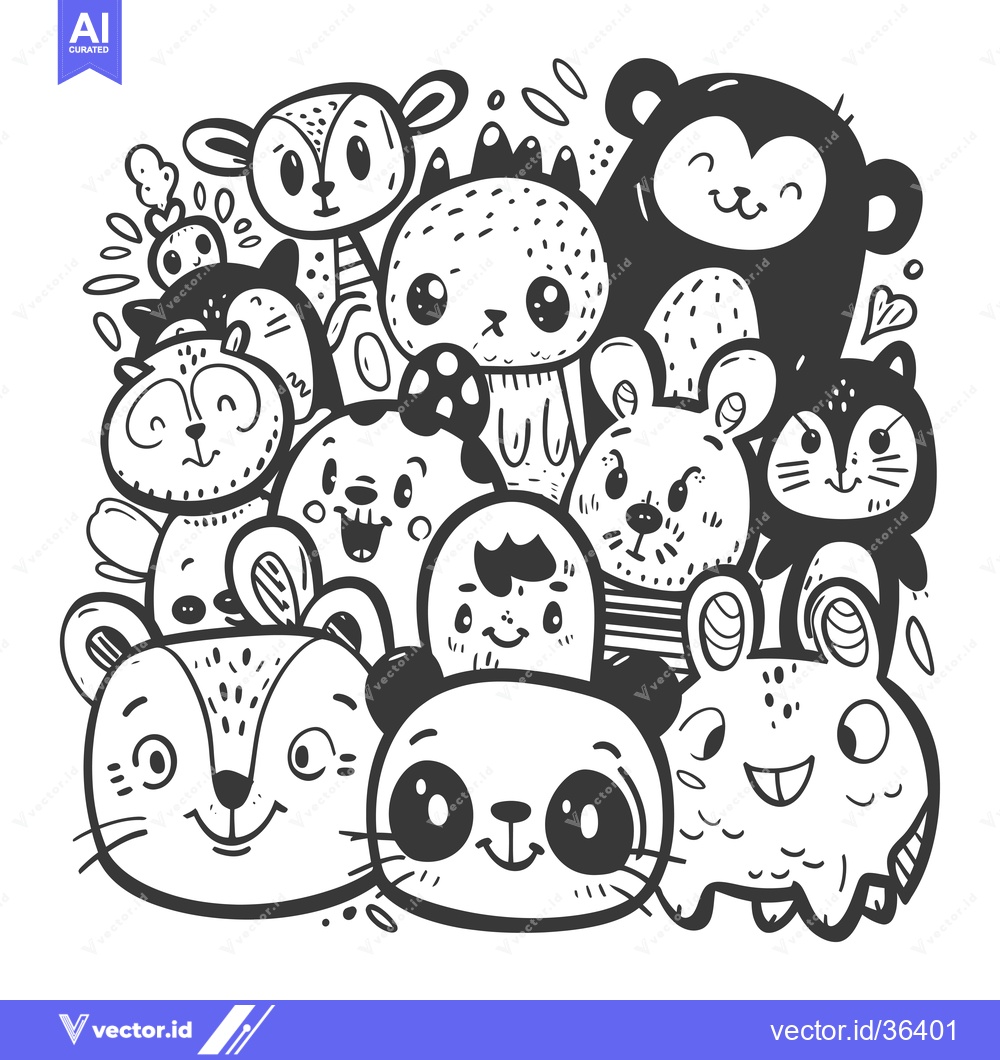 Premium Vector of Cute Cartoon Animals Doodle with Big Eyes and Smiling Faces