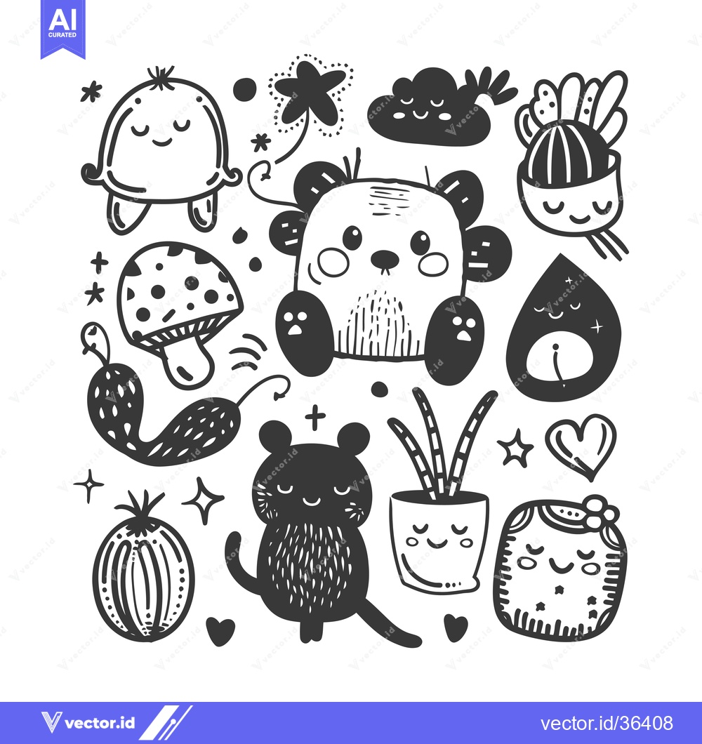 Premium Vector dari Cute Cartoon Characters and Objects with Smiling Faces