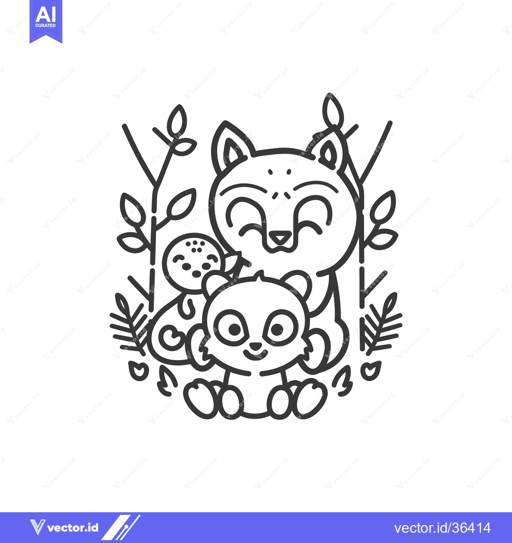 Premium Vector of Cute Cartoon Fox and Raccoon Embrace with Floral Surroundings