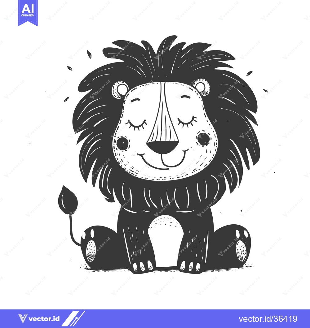 Premium Vector of Cute Cartoon Lion Sitting with a Smiling Face and Closed Eyes