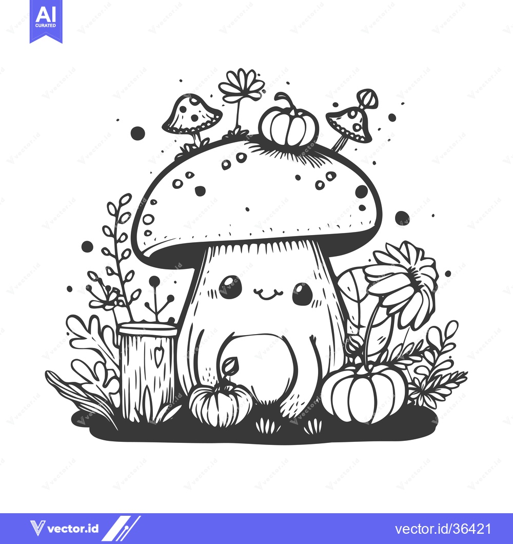 Premium Vector of Cute Cartoon Mushroom with Pumpkins and Flowers