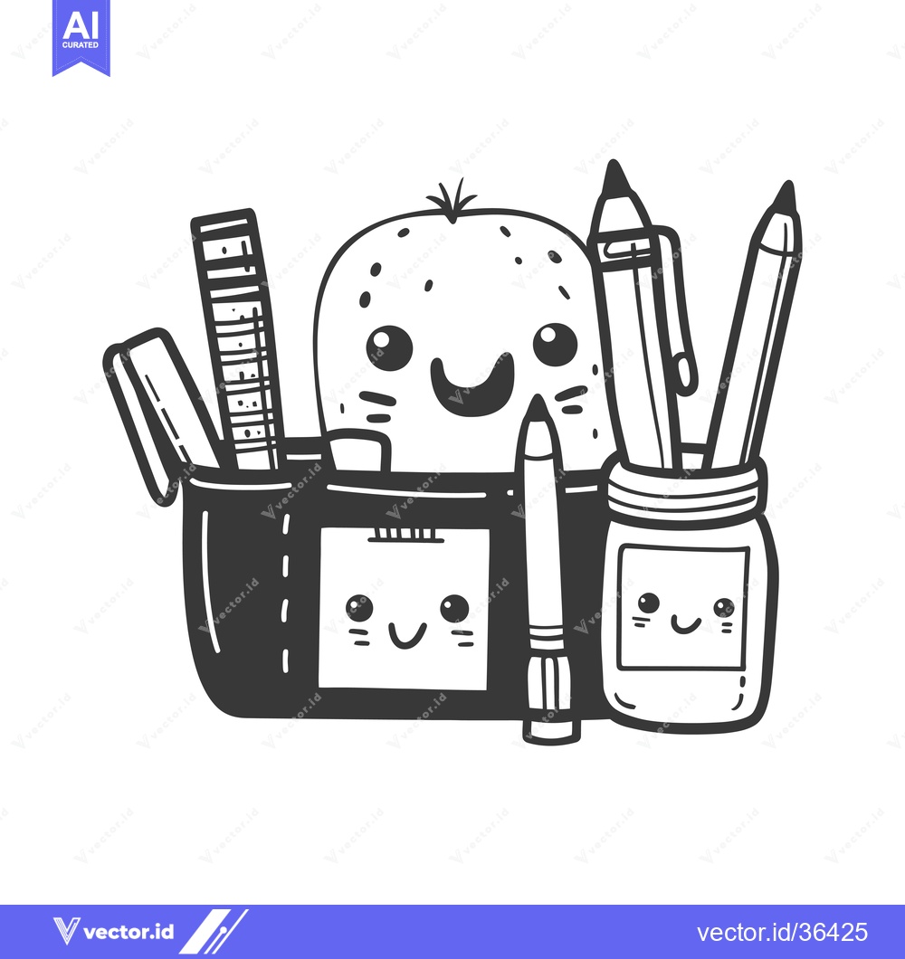 Premium Vector dari Cute Cartoon Pencil Case with Smiling Faces and School Supplies
