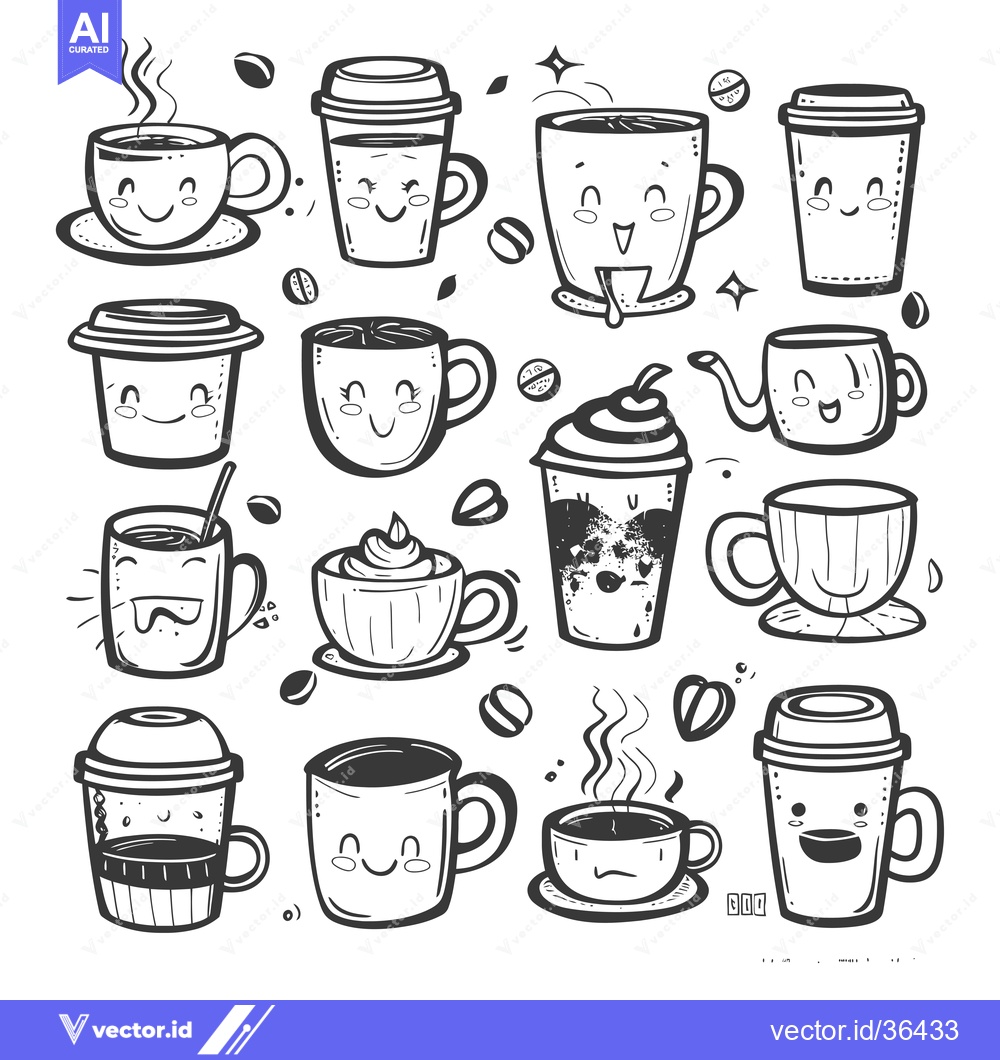 Premium Vector of Cute Coffee and Tea Cups with Happy Faces and Beans