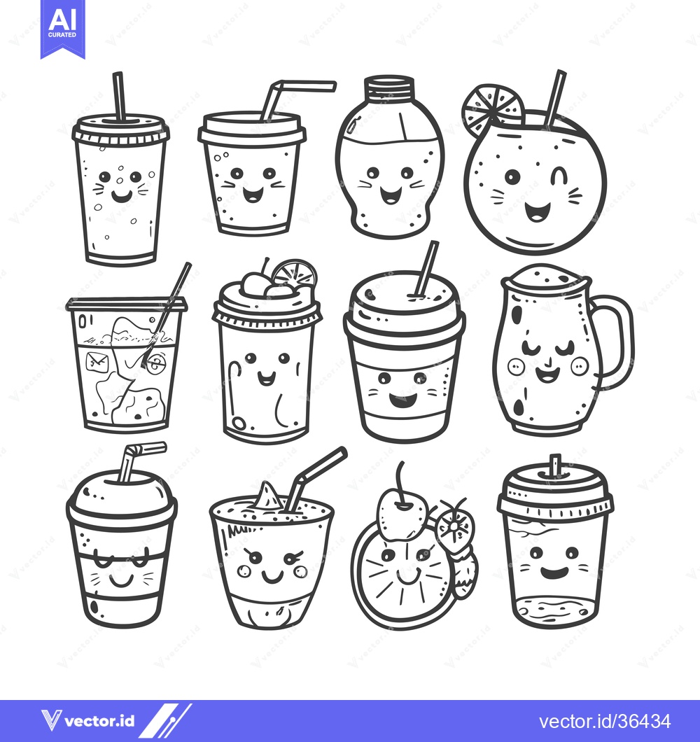 Premium Vector dari Cute Doodle Illustration of Various Beverages with Happy Faces