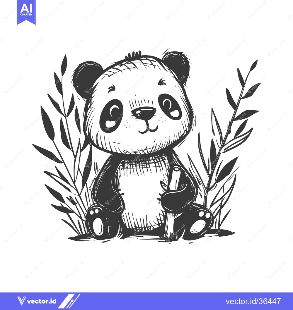 Premium Vector of Cute Panda Bear Sitting Among Bamboo Shoots with a Bamboo Stick