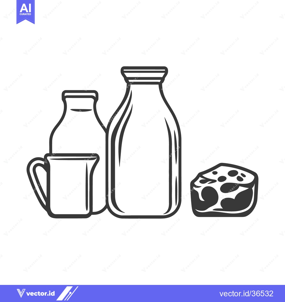 Premium Vector dari A monochrome illustration of milk bottles cheese and a pitcher