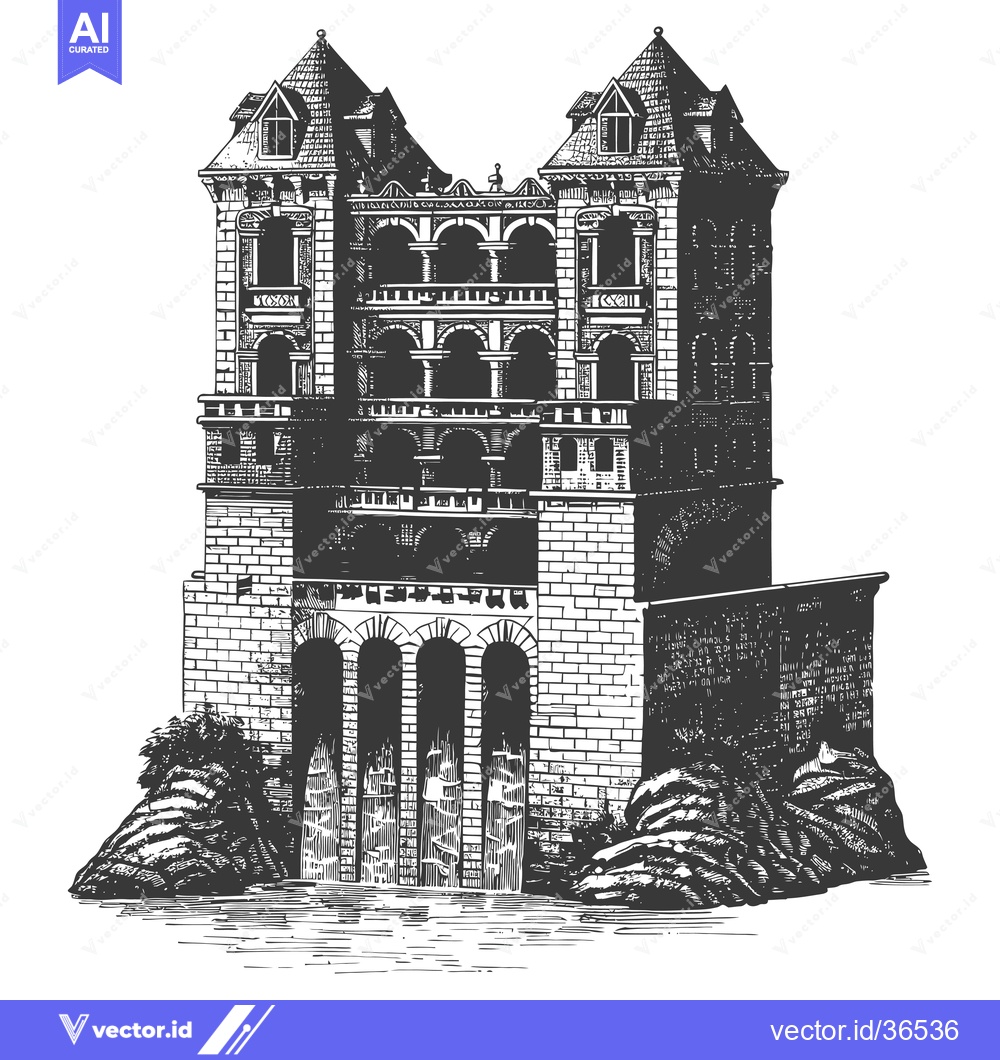 Premium Vector of Majestic Castle Building Over Waterfalls Scene