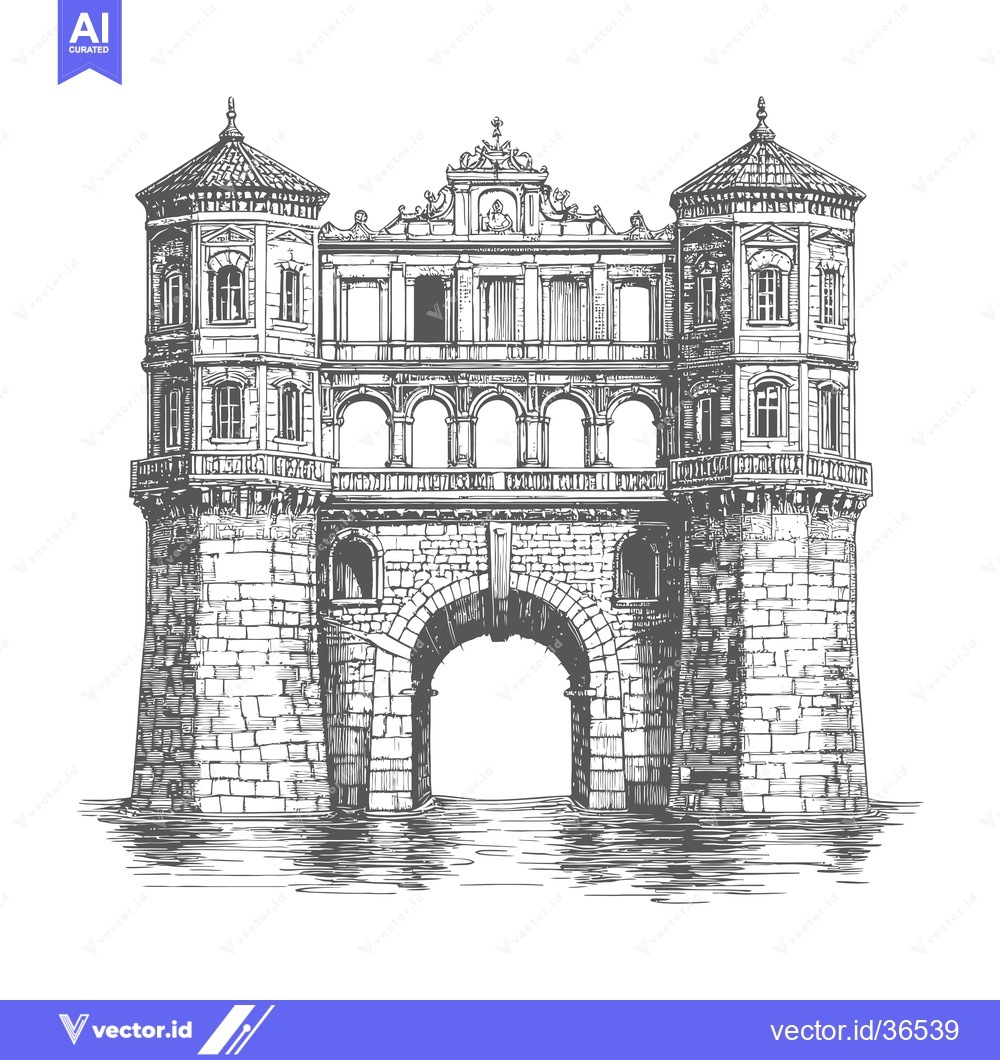 Premium Vector dari Ancient Arch Bridge with Twin Towers Over Water