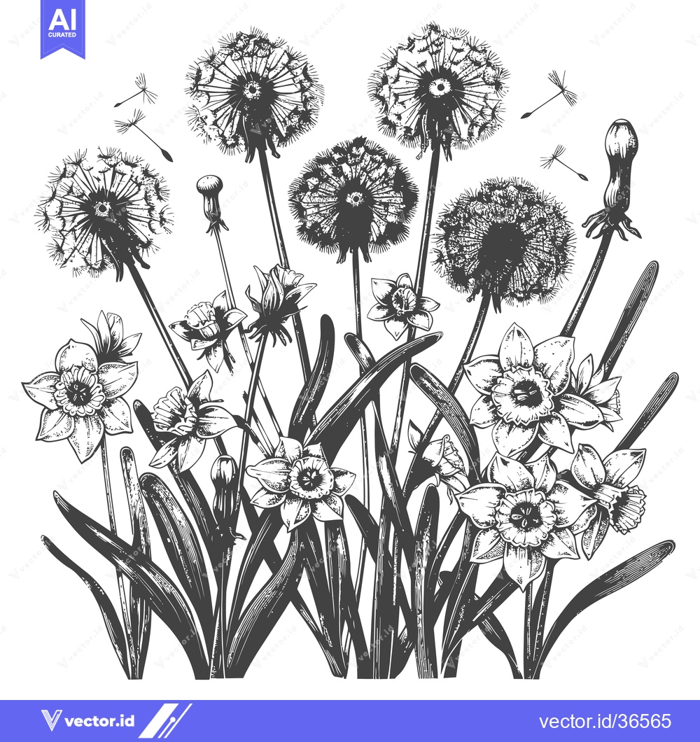 Premium Vector dari Dandelion and Narcissus Flowers in Bloom
