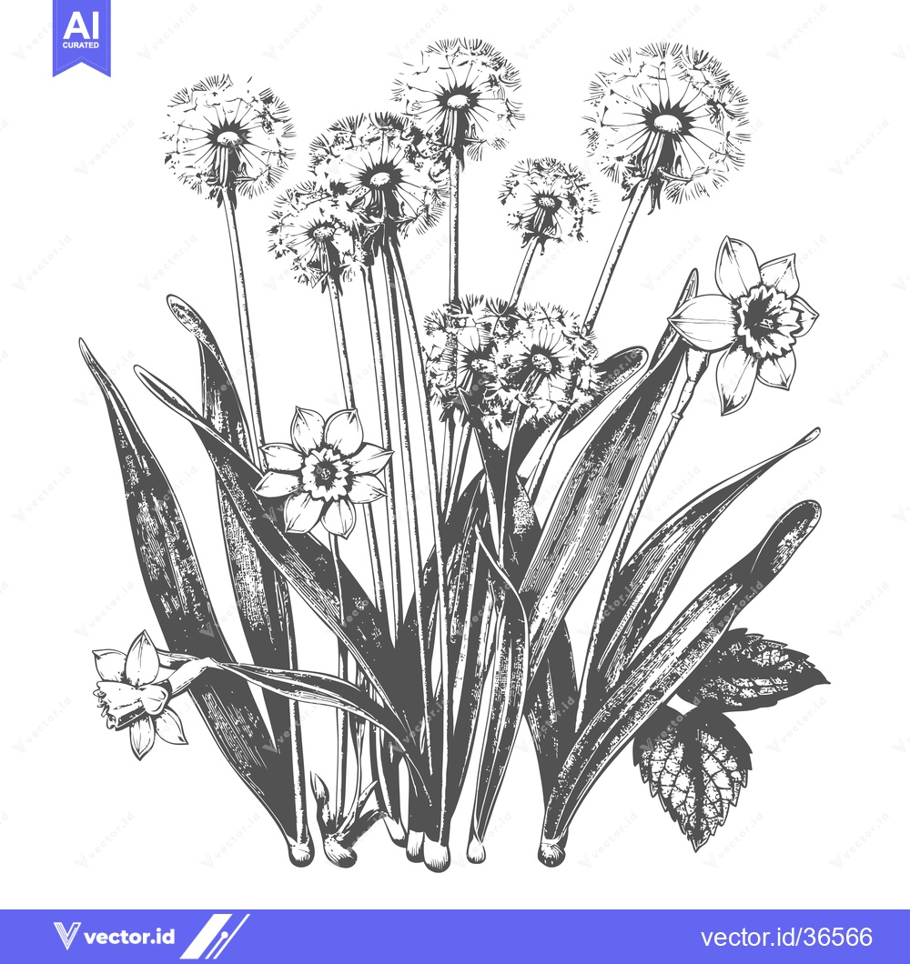 Premium Vector of Dandelions and Daffodils in Black and White Illustration