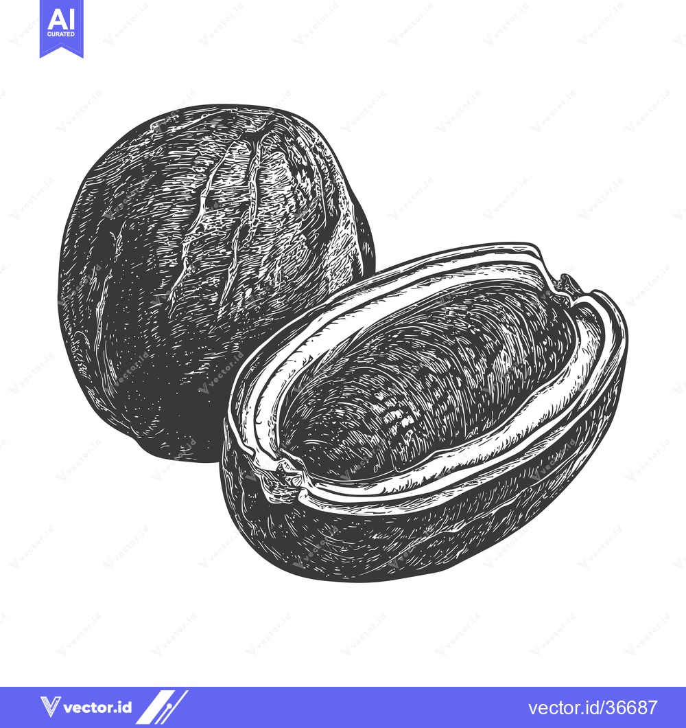 Premium Vector of Whole and Halved Black Walnut Illustration