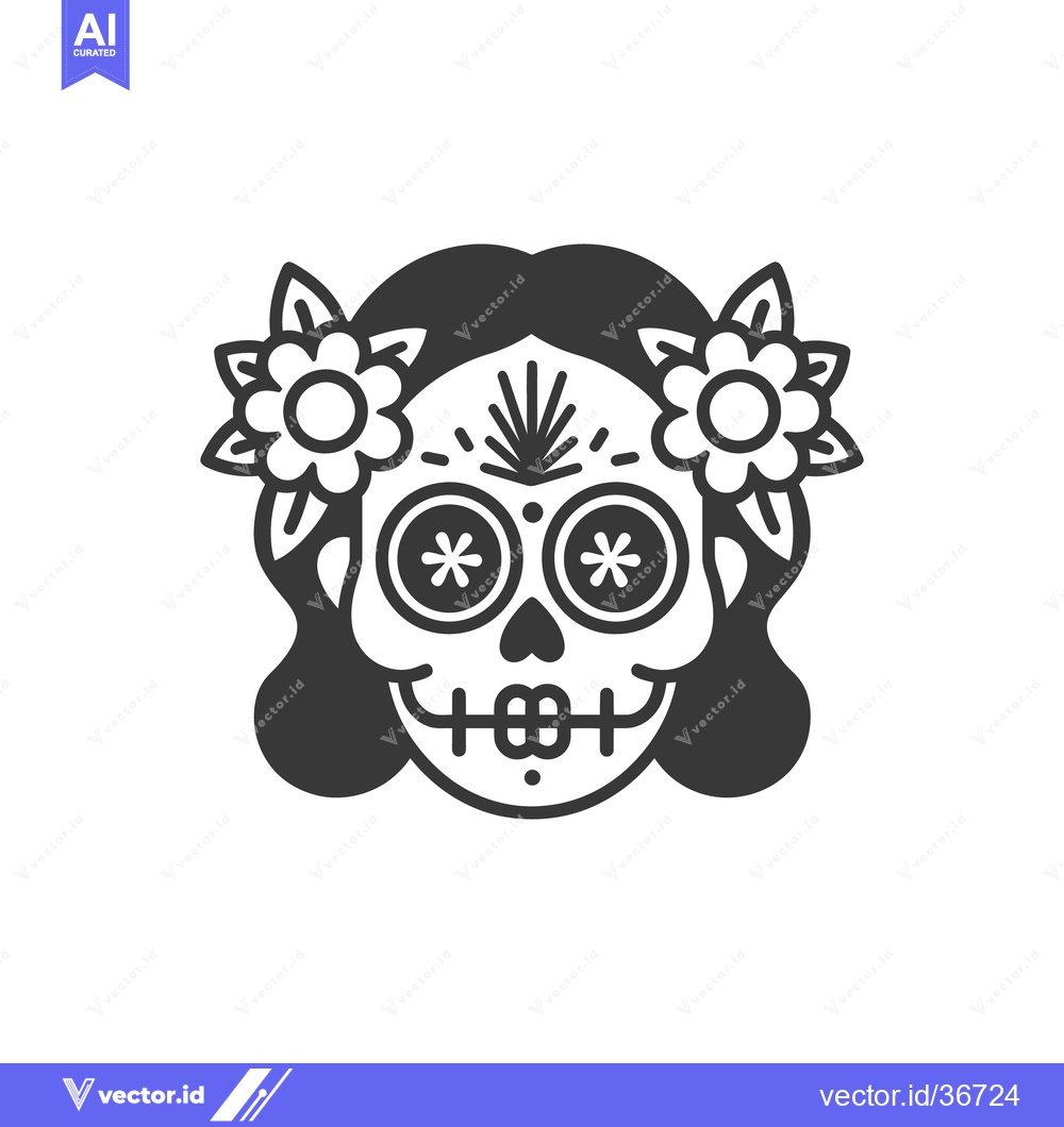 Premium Vector dari A stylized black and white illustration of a decorated skull face