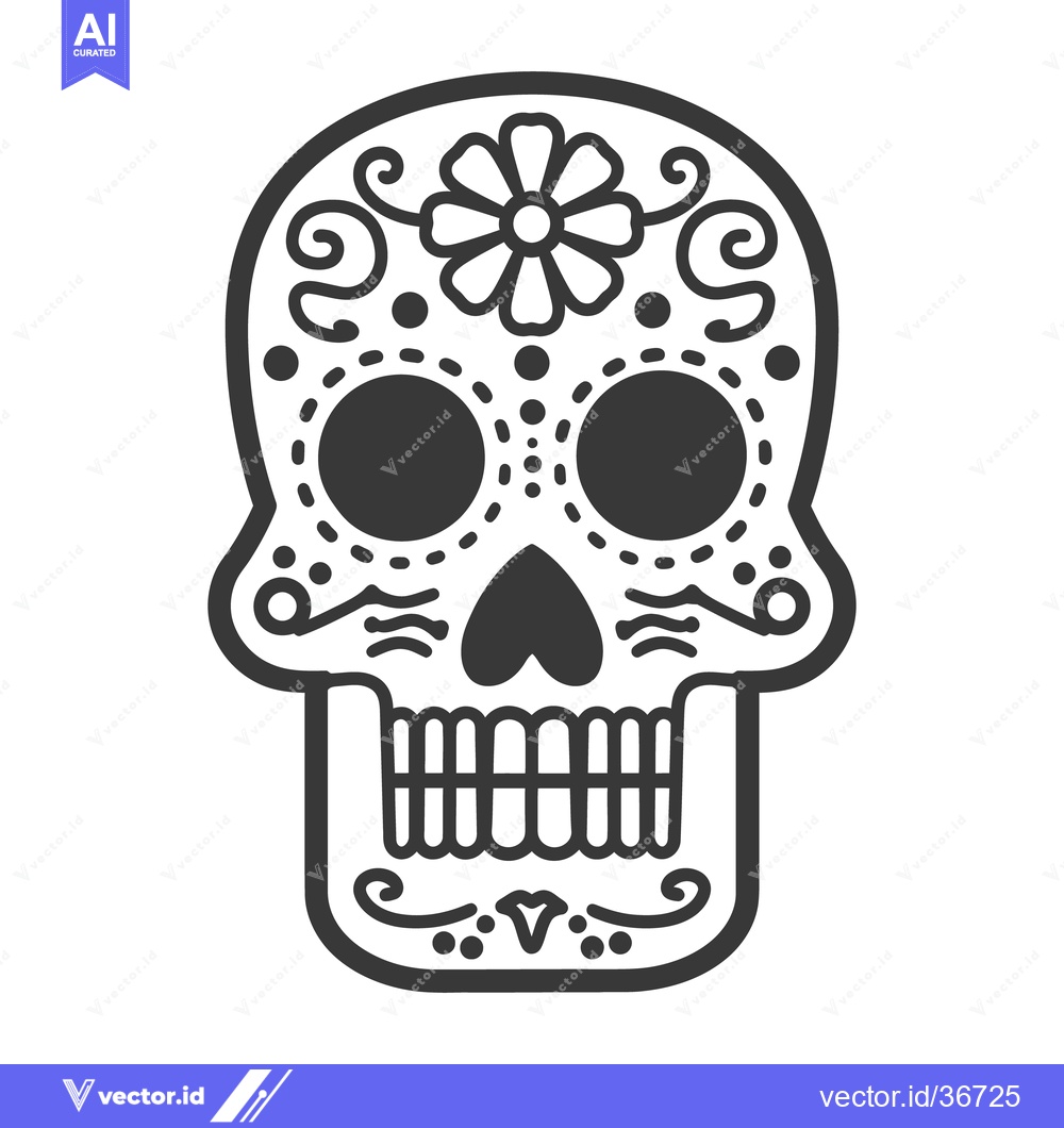 Premium Vector dari A stylized black and white sugar skull with floral decorations