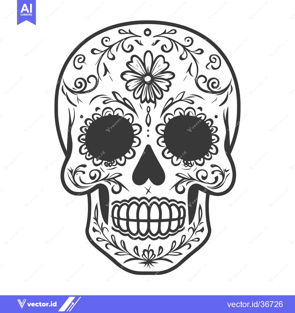 Premium Vector dari A detailed black and white floral decorated sugar skull illustration
