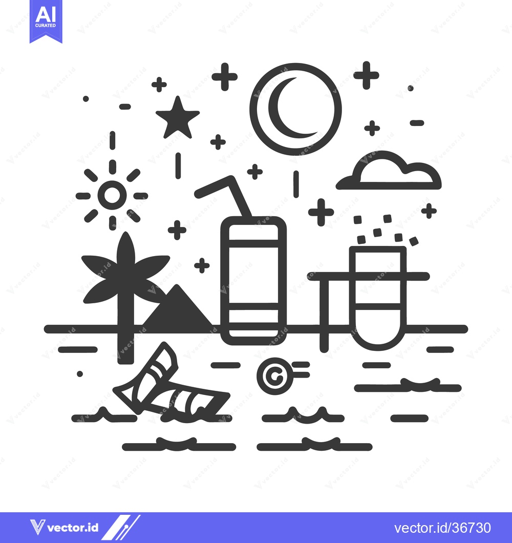 Premium Vector dari Simple beach scene with beverage and celestial elements depicted