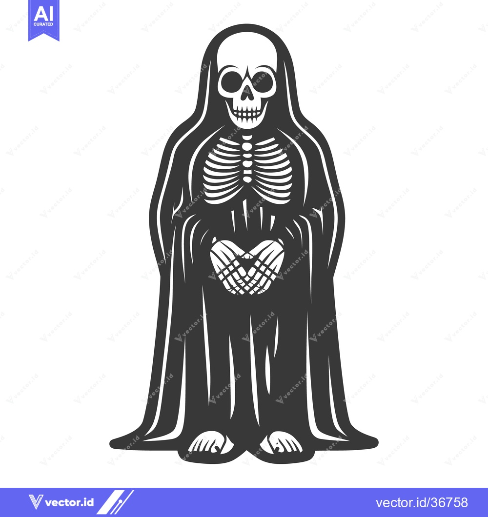 Premium Vector of A black and white illustration depicts a robed skeleton figure