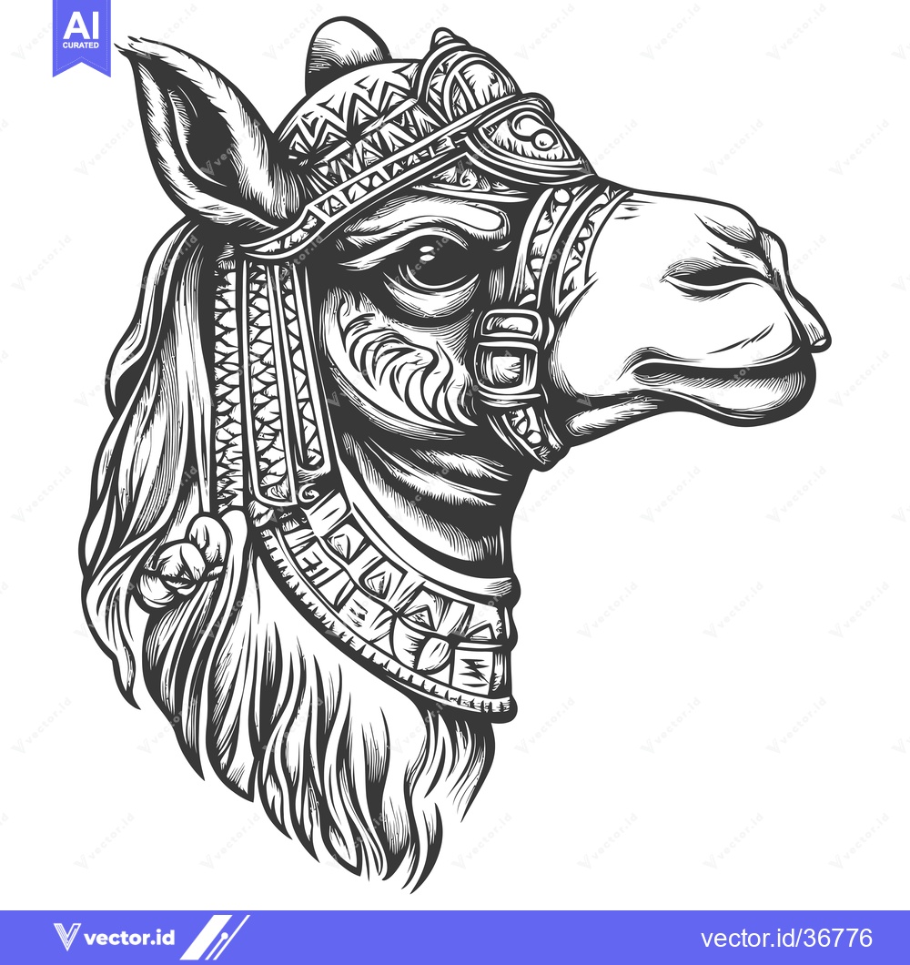 Premium Vector dari Decorated Camel Head in Profile, Detailed Black and White Illustration