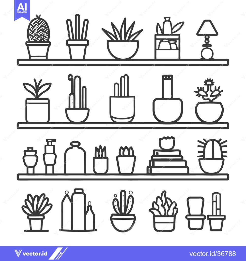 Premium Vector dari A collection of potted plants and decorative objects on shelves
