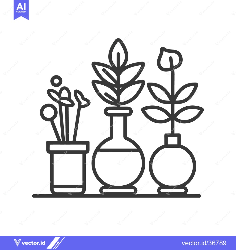 Premium Vector dari Three stylized plants in vases and a pot on a surface