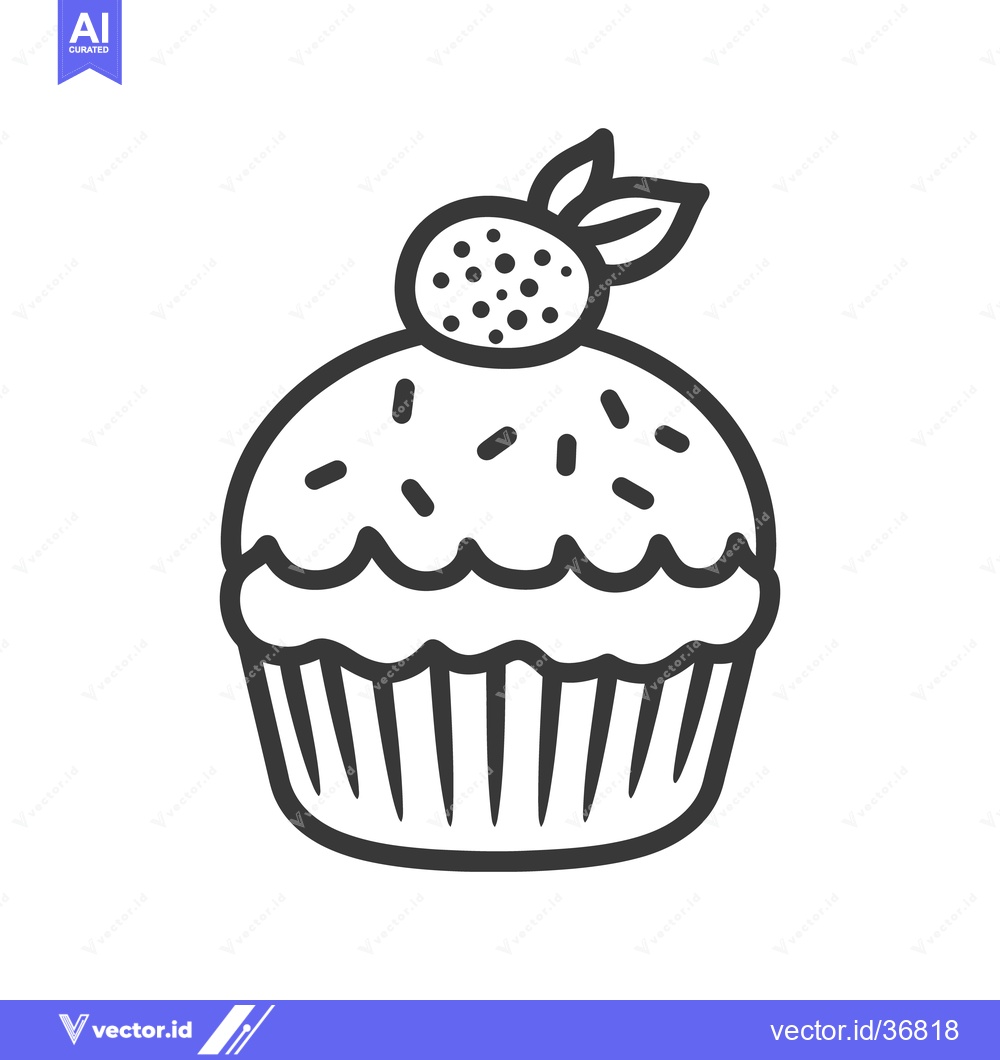 Premium Vector of An outlined black and white image of a decorated cupcake
