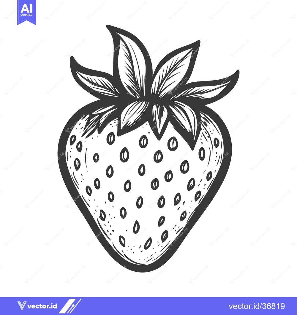 Premium Vector of A detailed black and white ink illustration of a single strawberry