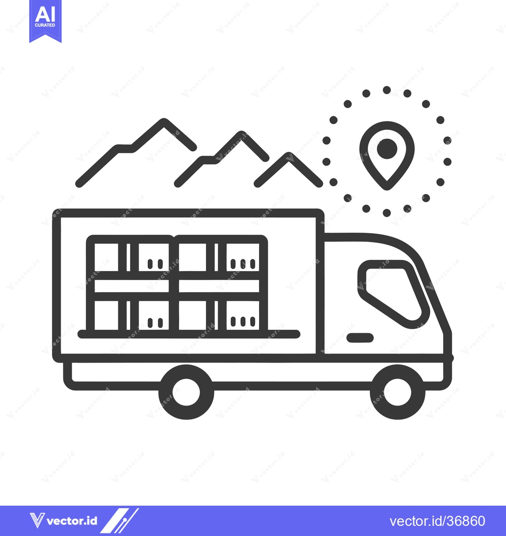 Premium Vector dari Delivery Truck with Location Pin and Mountains in the Background