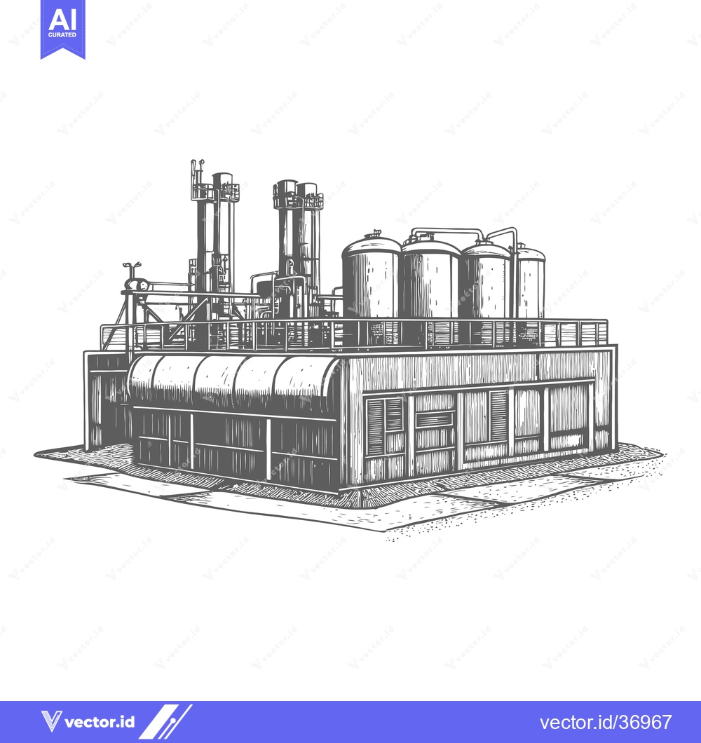 Premium Vector of Industrial Factory Building with Tall Chimneys and Tanks