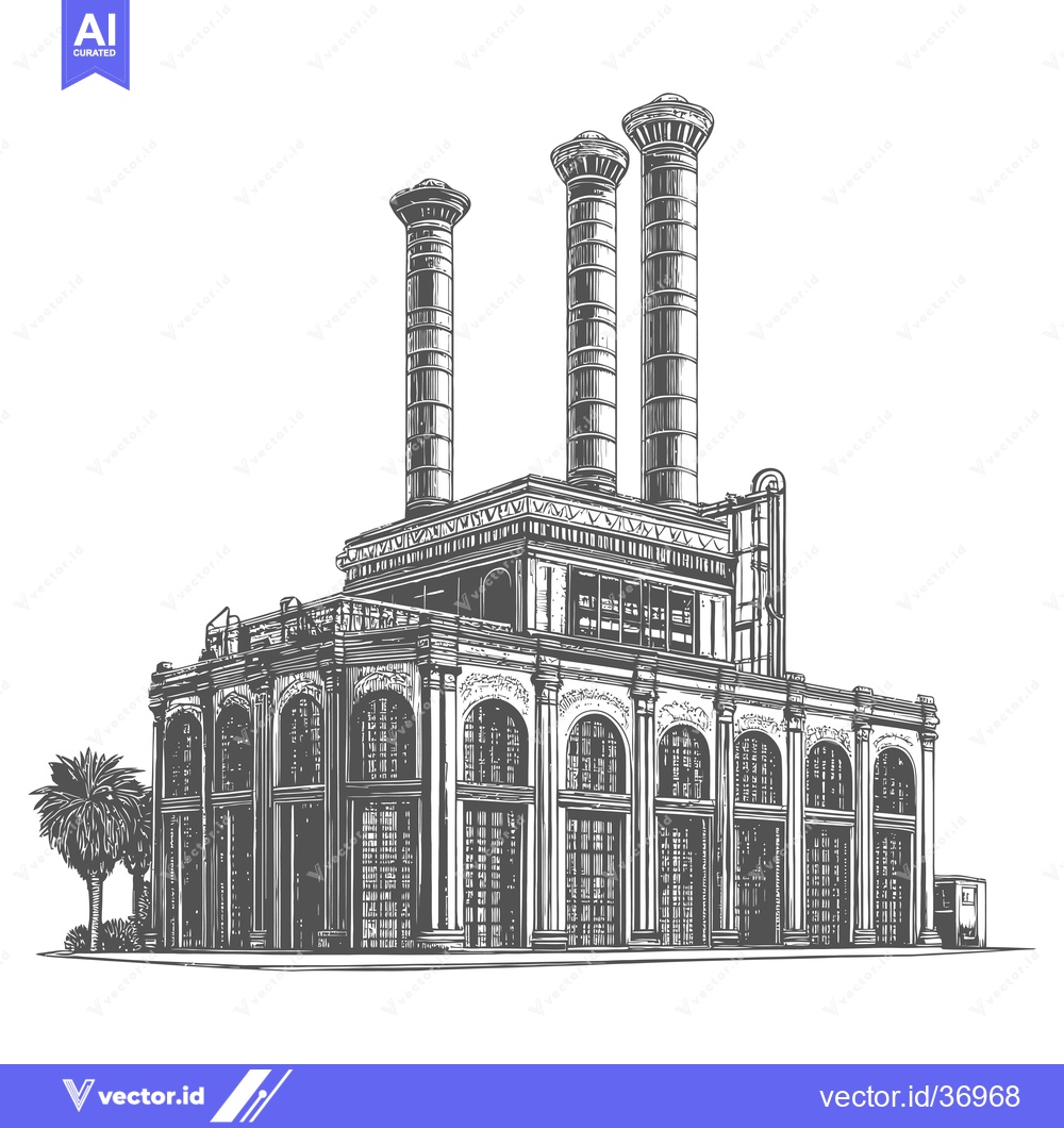 Premium Vector dari A grand building with three tall chimneys stands majestically