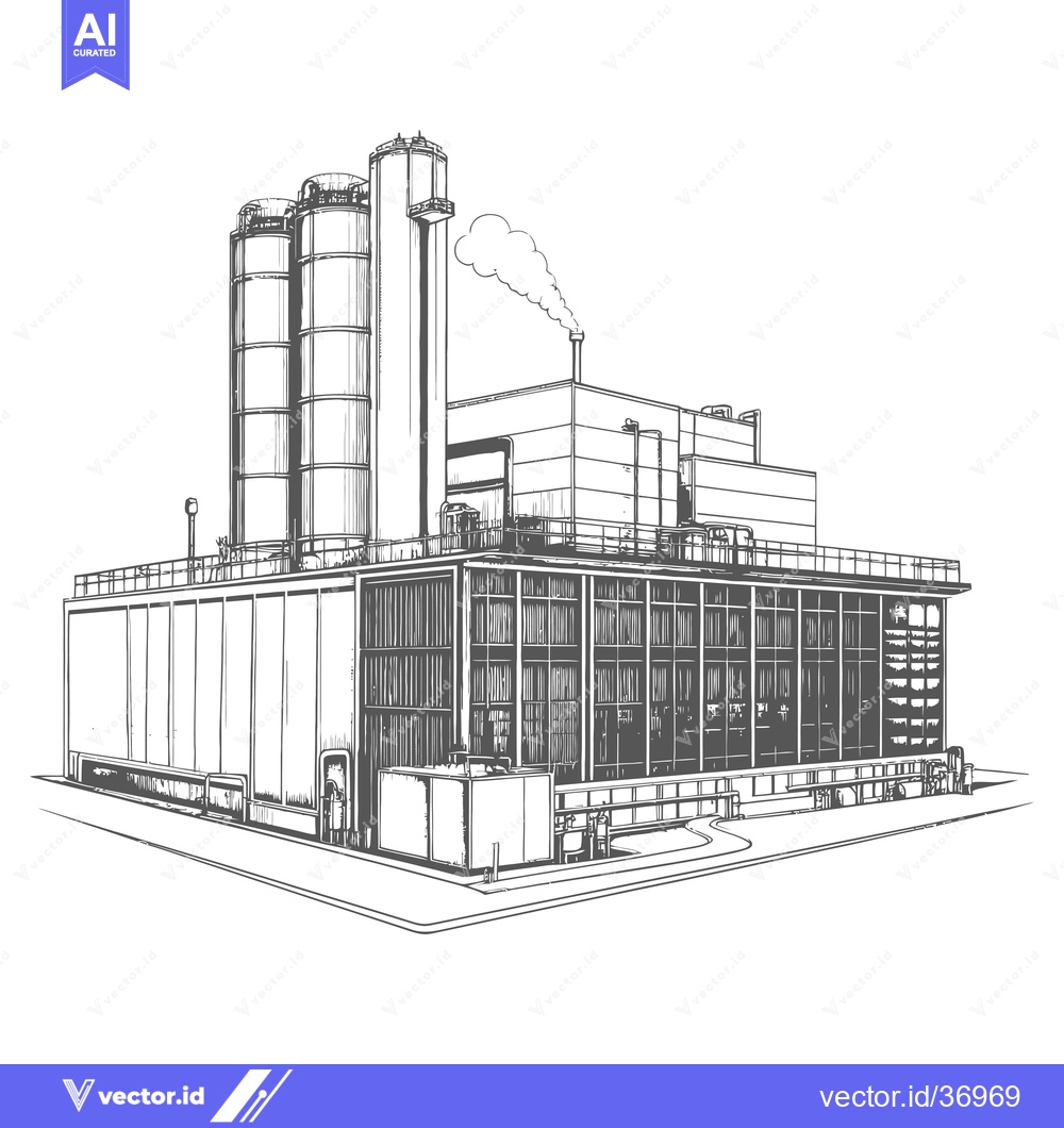 Premium Vector dari Industrial Factory Building Sketch with Silos and Smoke Stack