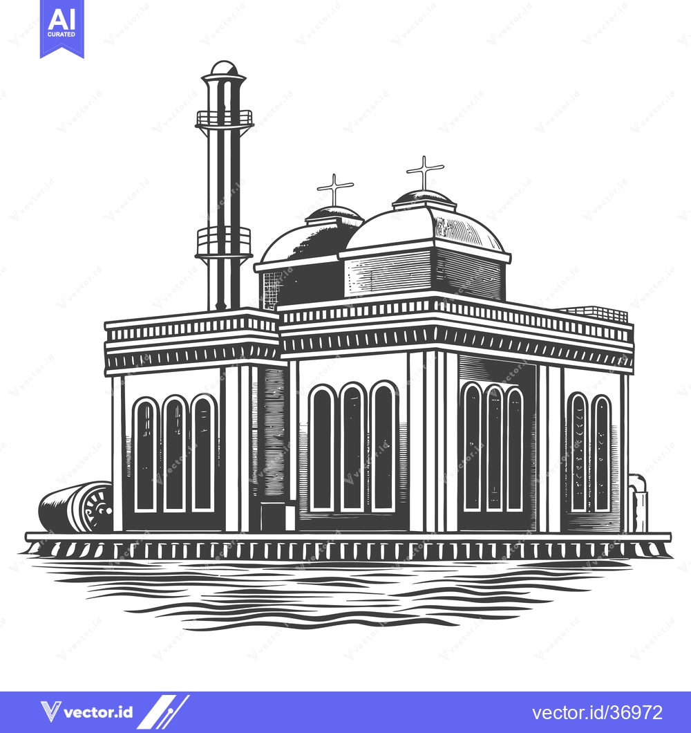 Premium Vector dari A waterfront building with domes and a tall smokestack