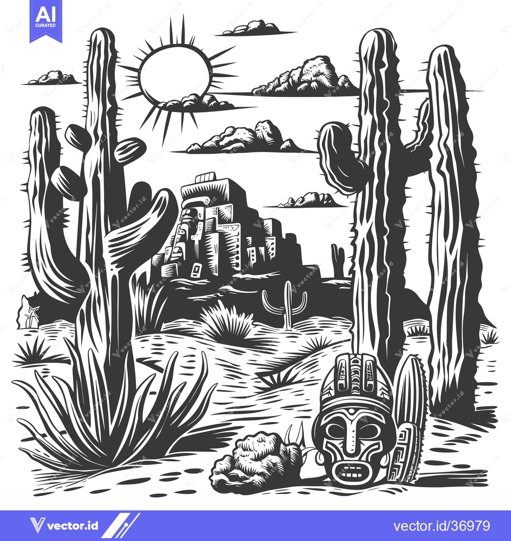 Premium Vector dari Desert Landscape with Ancient Ruins and Tribal Mask